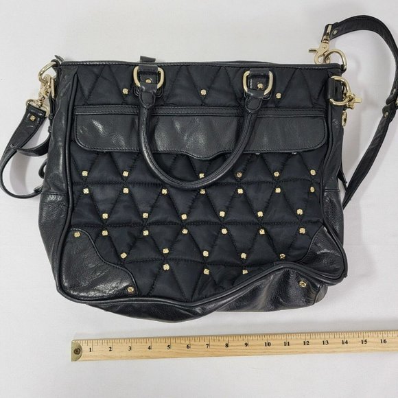 Rebecca Minkhoff Large Black Leather & Fabric Purse Bag Gold tone screw studs - Picture 15 of 16
